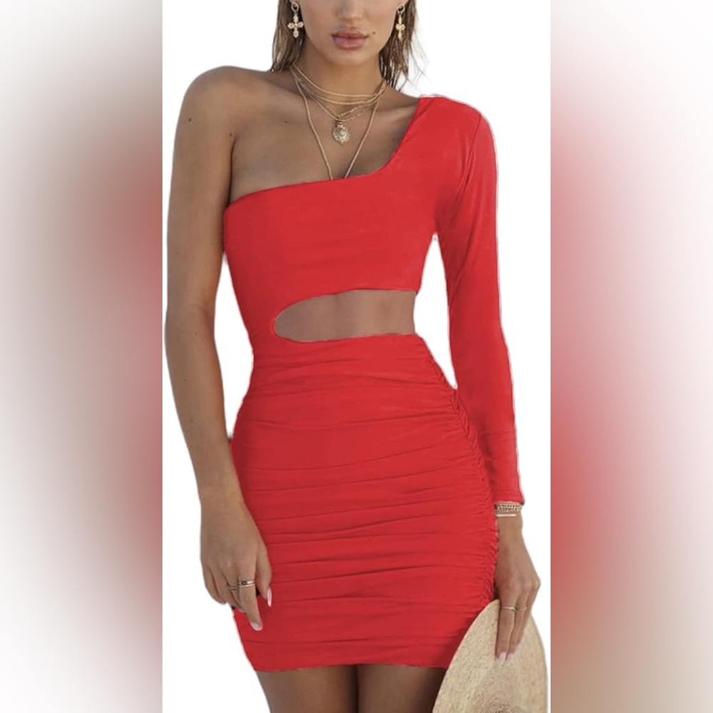 LovelyWholesale Women's One Shoulder Long Sleeve Bodycon Dress Ruched